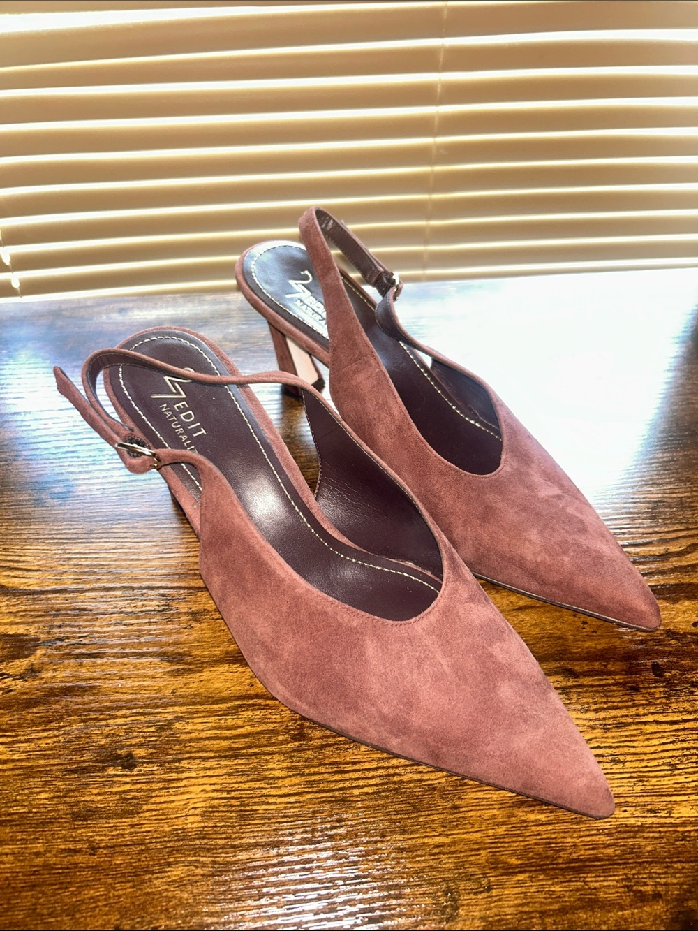 Neutralizer Pointed Toe Slingback Heels in Brown Suede - Picture 2 of 8